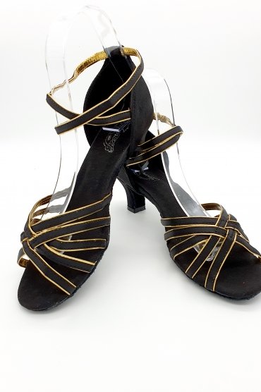 Tanzschuhe D0006LA - Damen Latein Tanzschuh Sandalette Satin schwarz gold Salsa Riemchen 4