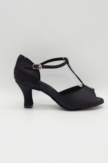 Tanzschuhe D0026LA - Damen Latein Tanzschuh Sandalette T-Steg Satin schwarz Strass Salsa