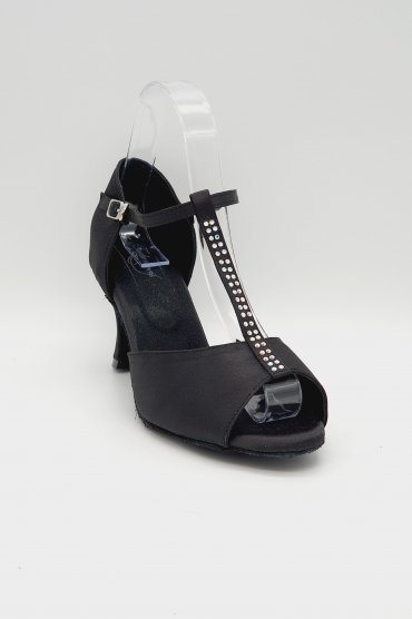 Tanzschuhe D0026LA - Damen Latein Tanzschuh Sandalette T-Steg Satin schwarz Strass Salsa 2