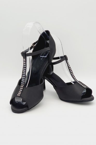 Tanzschuhe D0026LA - Damen Latein Tanzschuh Sandalette T-Steg Satin schwarz Strass Salsa 4